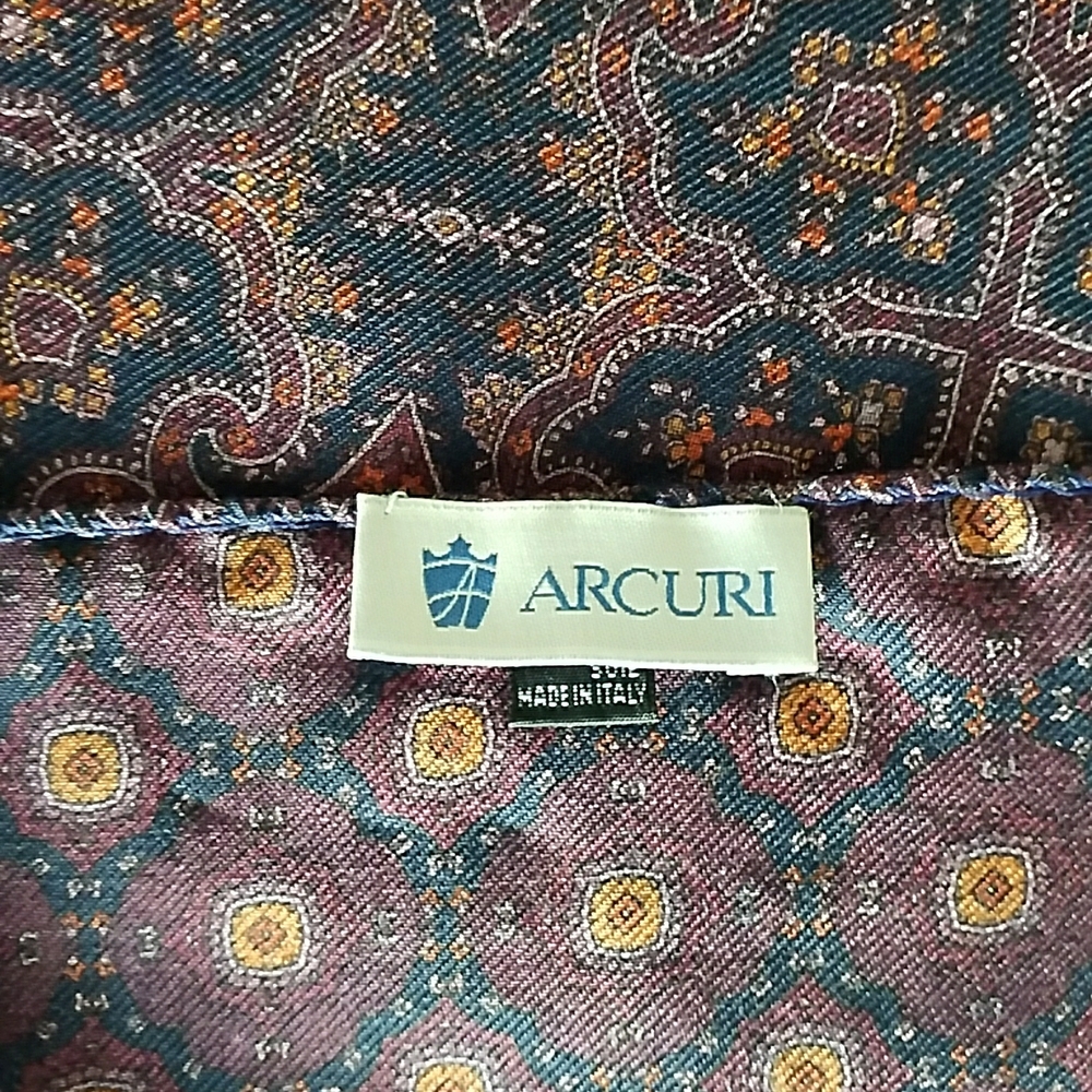 Arcuri Wool Silk Burgundy Tan Pattern Men’s Scarf Italy 27x68 In